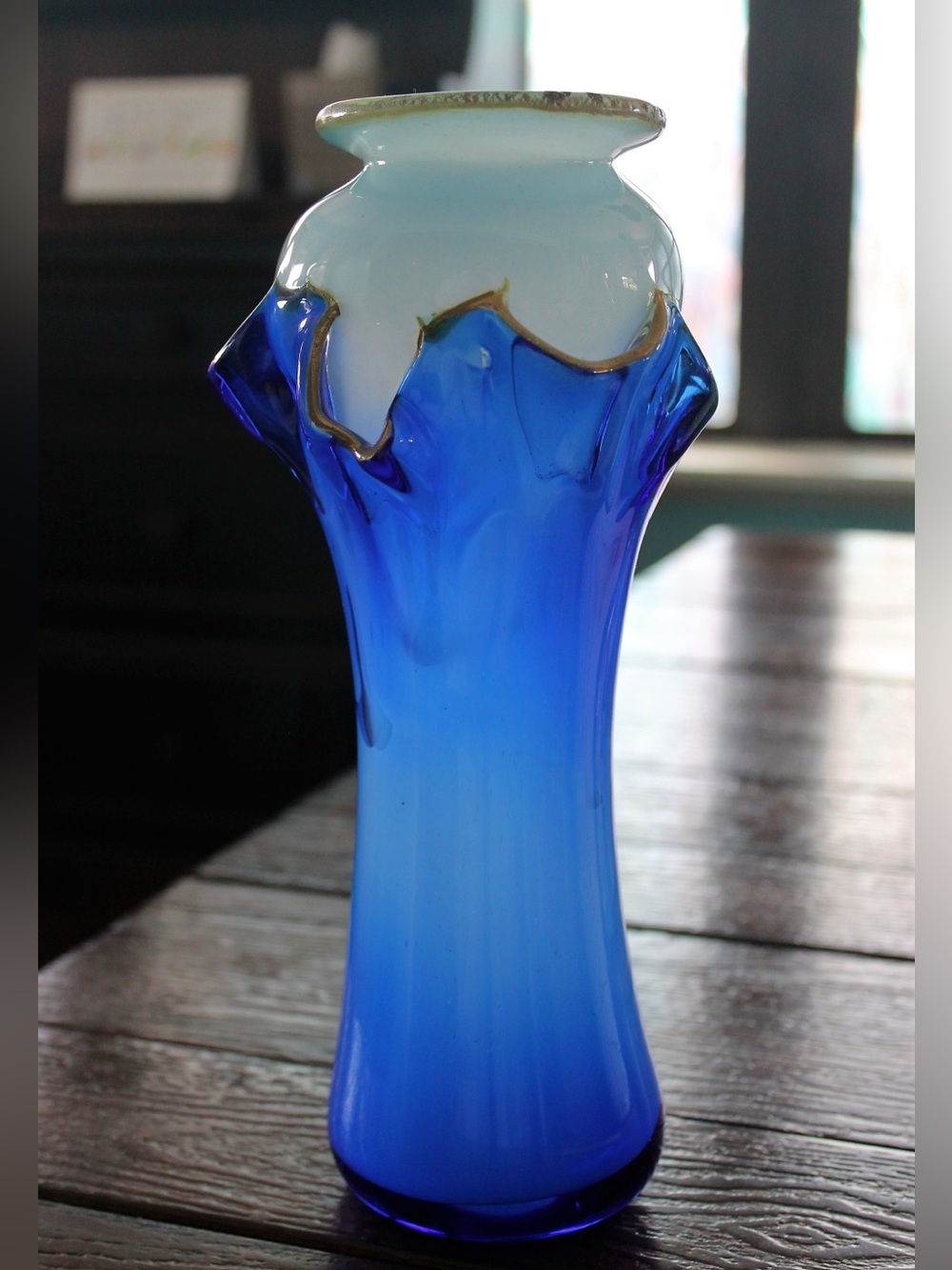 Vintage MCM Unique Handblown Art Glass Cobalt Blue & Powder Blue Decorative Vase